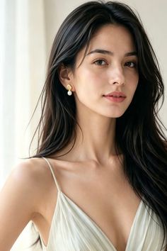 Woman with long dark hair wearing a white dress and pearl earrings