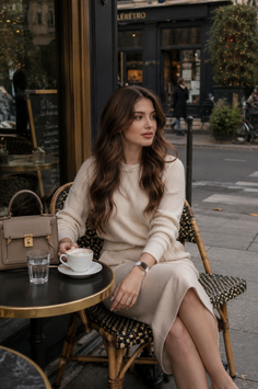 Woman with long wavy hair in a knitted sweater and midi skirt at an outdoor cafe