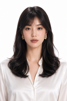 Woman with long black hair wearing a white shirt and flower earrings