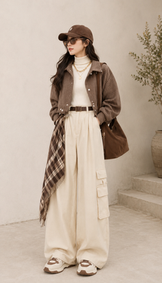 Woman in a plaid jacket, wide leg pants, and a baseball cap outdoors
