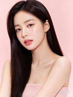 Woman with long dark hair and natural makeup against a pink background