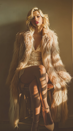 Woman with blonde hair in a fur coat and lingerie, sitting in dramatic lighting