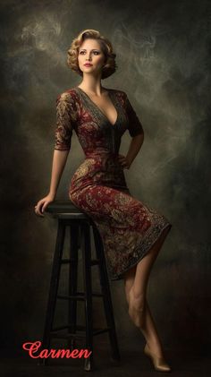 Woman in a red patterned dress with short curly hair sitting on a stool