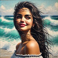Woman with long, wind-blown hair on a beach with ocean waves in the background