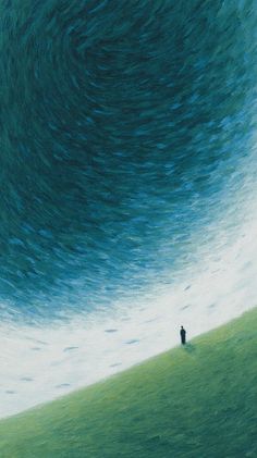 A solitary figure on a green hill under a swirling, textured blue sky
