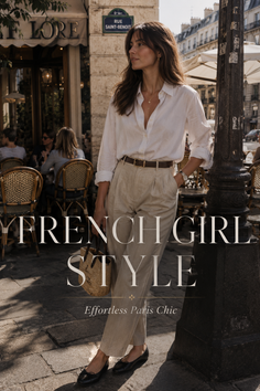 Woman in a white shirt and linen pants on a street in front of a cafe