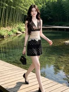Woman in a black polka dot and lace dress walking on a wooden path by a river