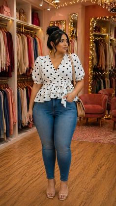 Woman in a polka dot top and blue jeans standing in a clothing store
