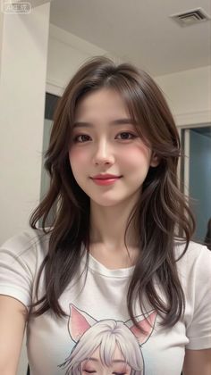 Realistic portrait of a woman with long brown hair wearing a white t-shirt