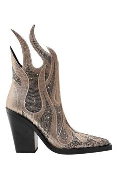 Cowboy boots with rhinestone flame pattern and high heels