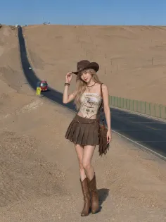 Woman in a cowboy hat and pleated skirt standing on a desert road