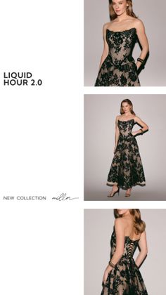 Woman in a black lace strapless midi dress posing in a studio