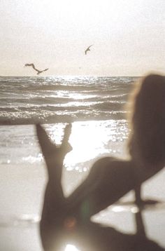 Silhouette of a person on a beach at sunset with birds flying over the ocean