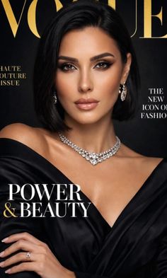 Woman with short black hair wearing a black dress and diamond jewelry