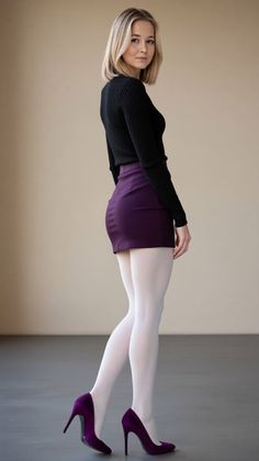 Woman with blonde hair in a black top, purple mini skirt, and white tights