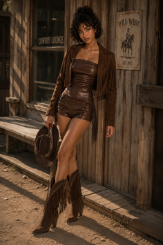 Woman in a brown cowgirl outfit with fringe details standing outside a saloon