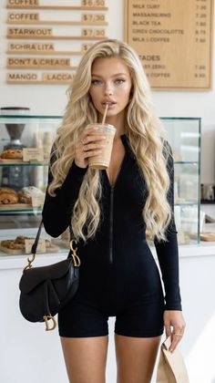 Woman with long blonde hair in a black romper drinking iced coffee in a cafe