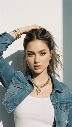 Woman in a denim jacket and gold jewelry with her hair in a ponytail