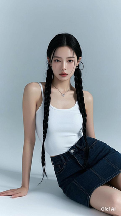 Woman with long black braids wearing a white tank top and denim skirt