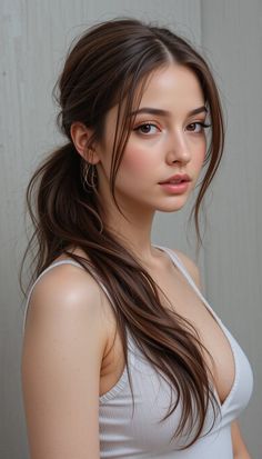 Woman with long brown hair in a ponytail wearing a white tank top