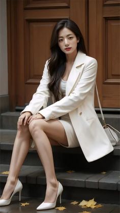 Woman in a white blazer and mini skirt sitting on outdoor steps