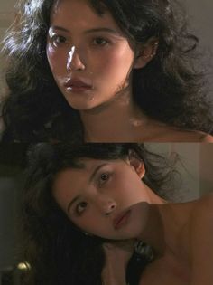 Woman with long wavy hair and tears on her face, bare shoulders