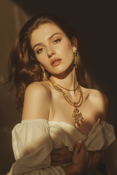 Woman with long hair and gold jewelry wearing an off-shoulder top