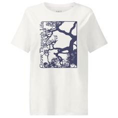 White t-shirt with a dark blue tree graphic and 'Grow Through Life' text