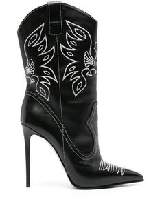 Black leather cowboy boots with white stitching and a stiletto heel