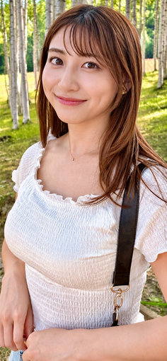 Woman with long brown hair smiling outdoors in front of birch trees