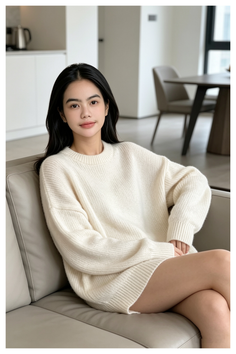 Woman with long black hair wearing an oversized sweater indoors