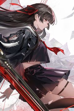 Anime girl in a dark school uniform with red accents and exposed midriff