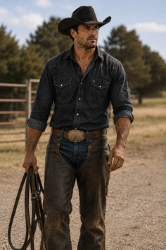 Man in a cowboy hat, denim shirt, and leather chaps holding reins outdoors