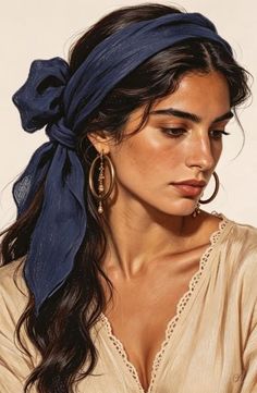 Woman with a blue headscarf and gold earrings wearing a beige top