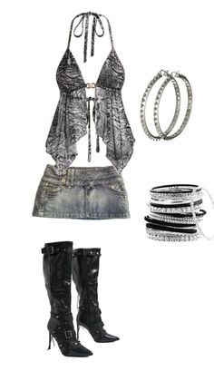 A fashion flat lay featuring a halter top, denim mini skirt, and black boots
