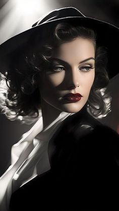 Woman with a black hat and red lipstick in dramatic lighting