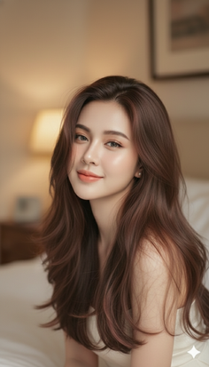 Woman with long brown hair and pearl earrings in soft indoor lighting