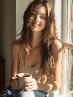 Smiling woman with long hair holding a mug by a sunlit window