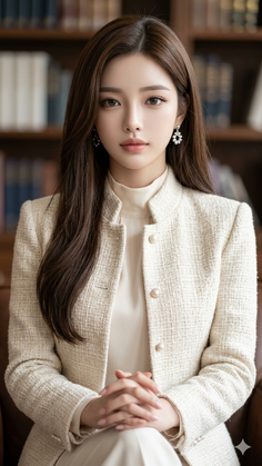 Woman with long brown hair wearing a tweed jacket and pearl earrings indoors