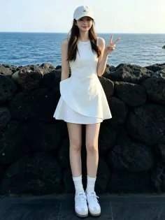 Woman in a white dress and baseball cap posing by the ocean