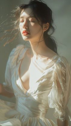 Woman in a white dress with puffy sleeves, bathed in soft, warm light