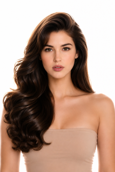 Woman with long wavy brown hair wearing a strapless top against a white background