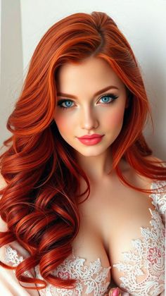 Woman with long red hair and blue eyes wearing a lace top