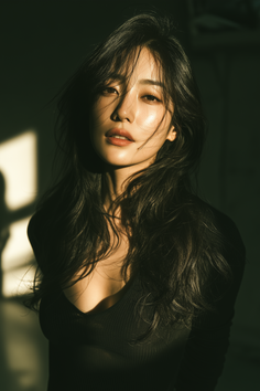 Woman with long dark hair in dramatic backlight with cleavage visible