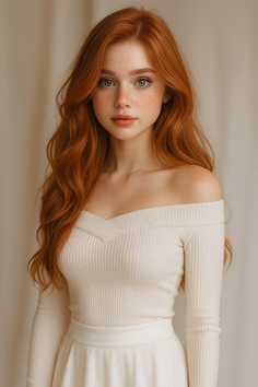 Woman with long red hair and freckles wearing an off-shoulder top