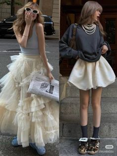 Two women in different outfits, one in a ruffled skirt and the other in a short skirt