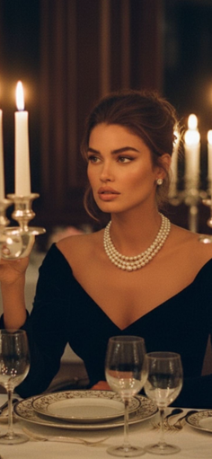 Woman in a black dress and pearl necklace at a candlelit dinner