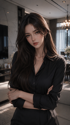 Woman with long dark hair wearing a black shirt indoors