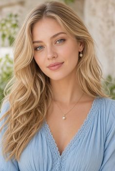 Blonde woman with blue eyes wearing a light blue top and pearl jewelry