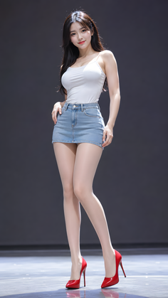 Woman in a white tank top, denim mini skirt, and red high heels